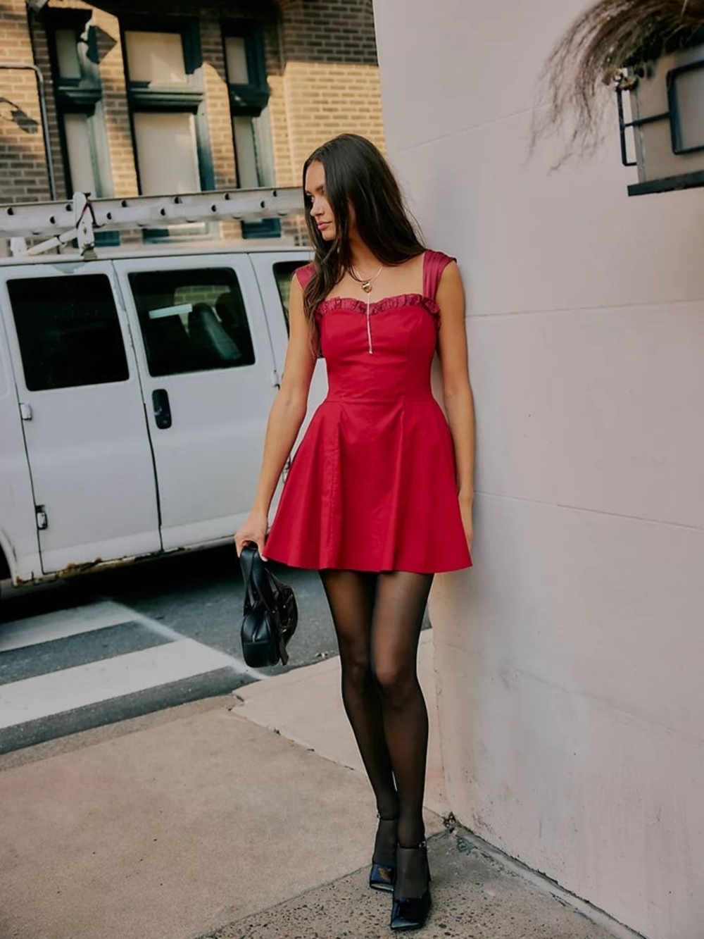 Free People Red Mini Dress with Ruffle Trim